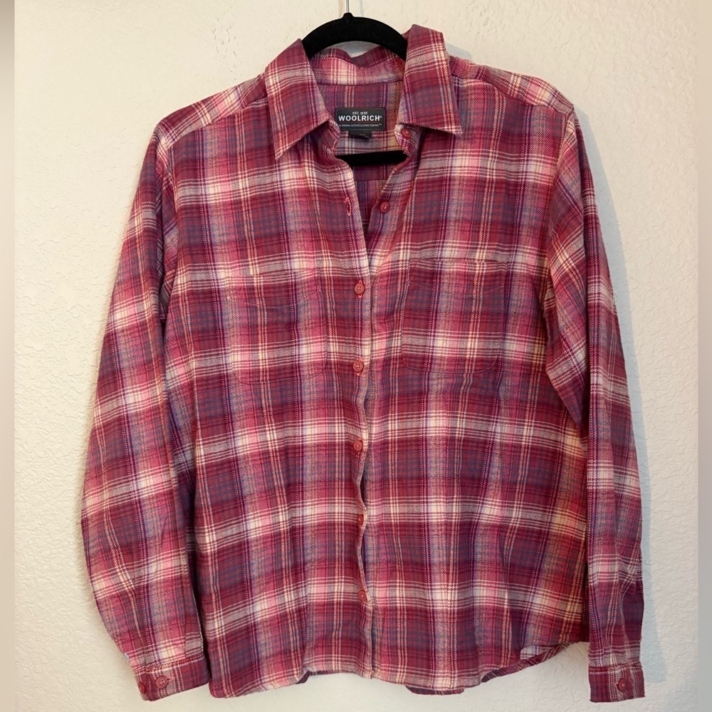 Woolrich Vintage Plaid Button Down Shirt 100% cotton pink purple medium petite